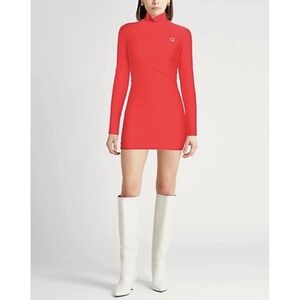 Coperni Women's Large Red High Neck Satin-Jersey Bodycon Mini Dress Long Sleeve